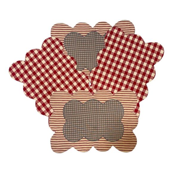 Set of 4 Summers Edge Placemat Set Red Blue Tan Country Picnic Scalloped Striped - Picture 9 of 12